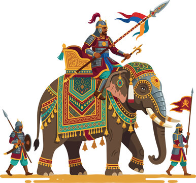 Indian warrior riding decorated war elephant in ancient battle procession with spear and shield