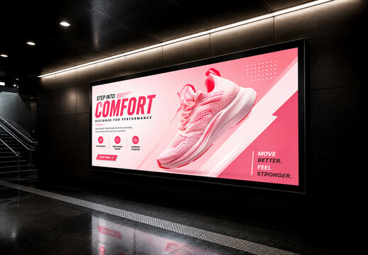 Horizontal Advertising Display Mockup in Modern Subway Station