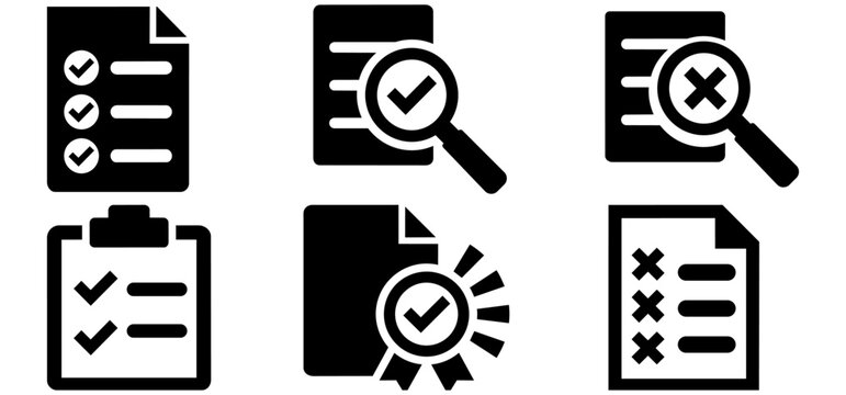 Checklist, inspection, and approval document icon set in simple glyph style