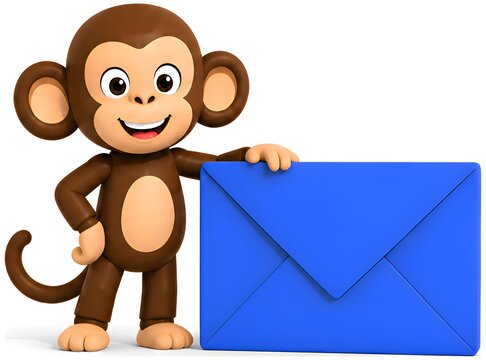 Monkey Presenting Blue Mail Envelope , 3d Rendering