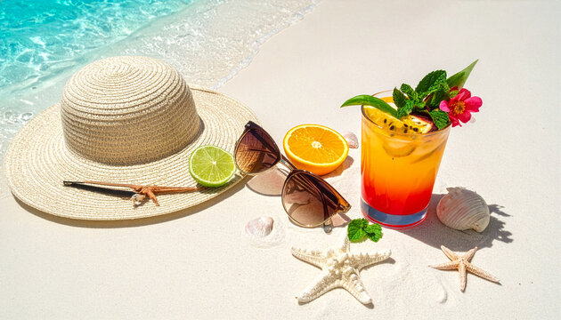 Vibrant tropical cocktail, elegant straw hat, and sunglasses on pristine white sand beside sparkling turquoise water, ready for a blissful summer vacation