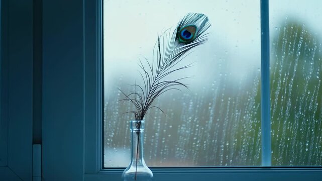 Peacock feather no action observed static sequence, in indoor setting with a window and blinds, with peacock feather, window, blinds, with feather material, glass, wooden blinds texture.