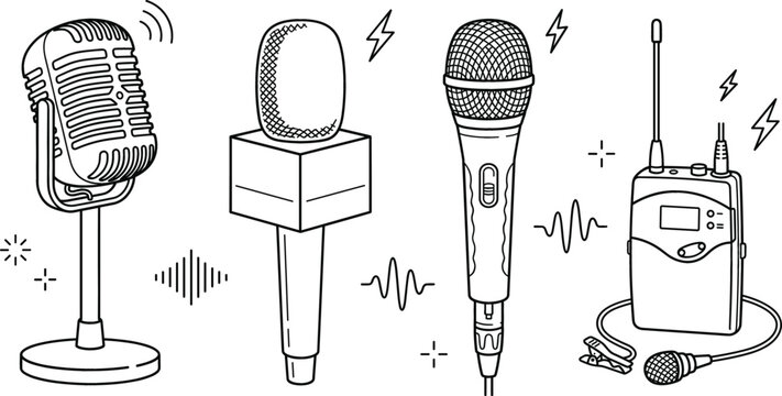 Audio broadcasting and media journalism line icon set with retro microphone news reporter interview mic and wireless transmitter