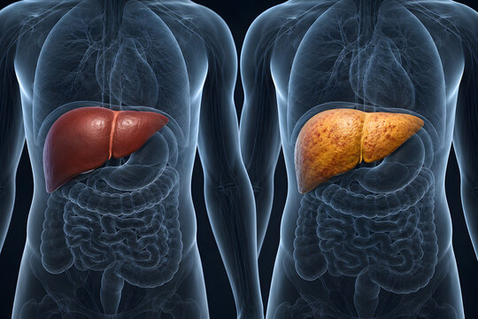Anatomically accurate healthy and fatty liver comparison inside translucent human torsos, premium medical illustration for healthcare, diagnosis, hepatology, education and disease awareness.

