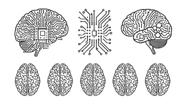Circuit board brains. Artificial intelligence microchip, AI chip and digital brain processor vector illustration set