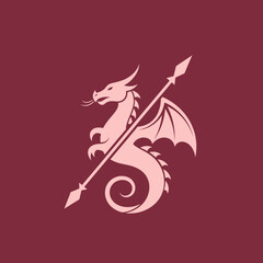 Naklejka premium Stylized pink dragon with spear, winged tail on maroon background
