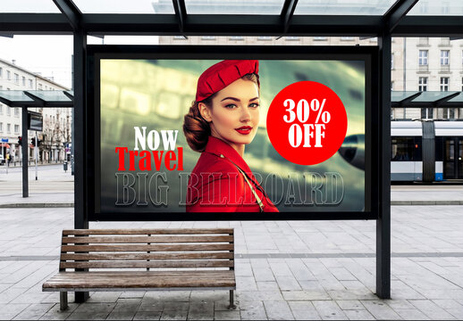 Horizontal billboard mockup at city transit stop with bench