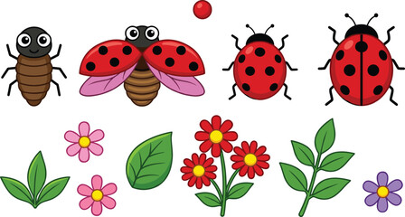 Cute cartoon ladybug insect vector element collection with colorful garden flowers leaves and life cycle © Lipon