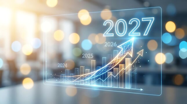 A holographic interface showing financial growth charts with 2027 projection in office.