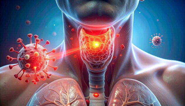 Ultra-detailed 8K medical visualization of human throat infection, glowing inflamed lymphatic region with viral particles, realistic anatomical transparency, cinematic lighting, scientific healthcare 