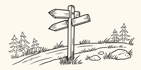 Black and white drawing of a wooden direction signpost in a natural setting © Sadhin07