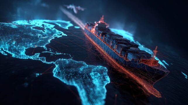 Futuristic global shipping network visualized with a massive cargo ship on a digital world map. ..Created with Generative AI, not depicting real subjects.