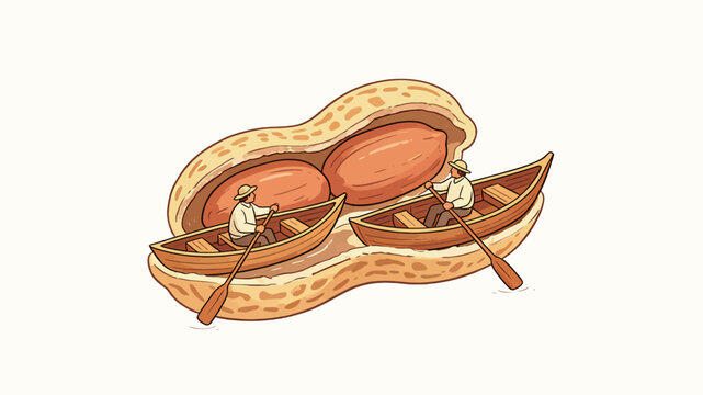 Charming hand-drawn illustration featuring two small rowboats navigating on the textured surface of an open peanut shell with a warm, rustic color palette