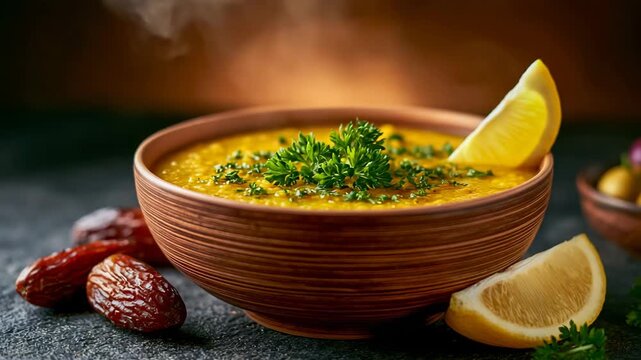 Bowl of lentil soup with dates and olives