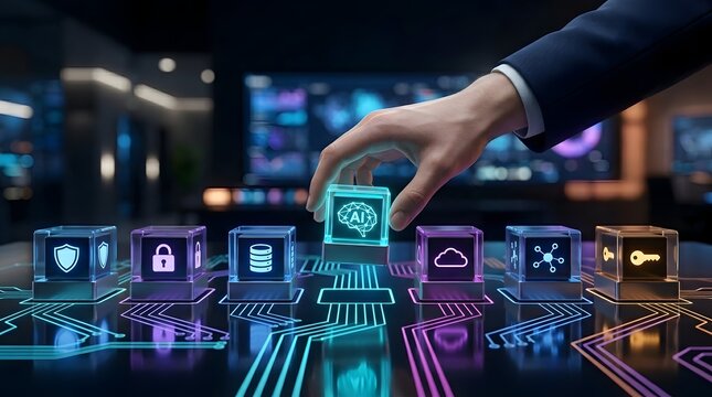 A business professional's hand integrates the AI brain cube, connecting essential digital technologies on a sleek, glowing circuit board setup.