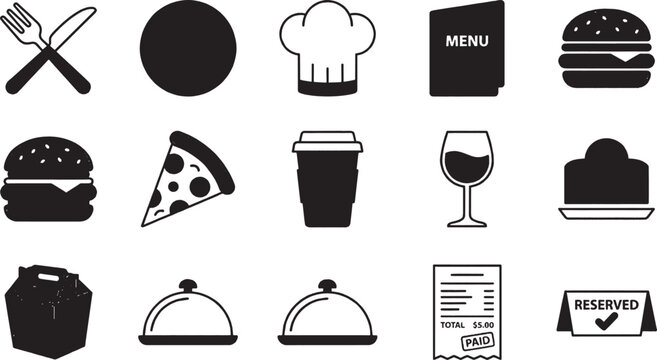 Set of black restaurant food and drink icons featuring burger pizza coffee wine and kitchen tools for menu design isolated on transparent background, Vector