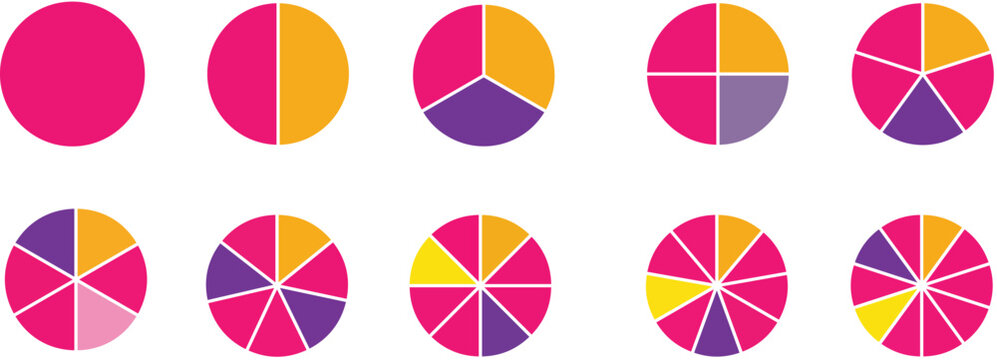 Segments on Divided circle set of  10 piece. Set of pie chart vector icons.  Black round diagram. Divided circle.  black color. Hollow circle divided in ten parts