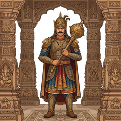Obraz premium Indian warrior in traditional golden armor standing before ancient temple architecture
