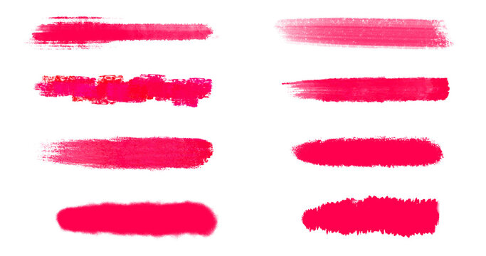Collection of pink brush strokes. Watercolor lines, paint smears, lipstick swatches, marker marks. Hand drawn underline texture.