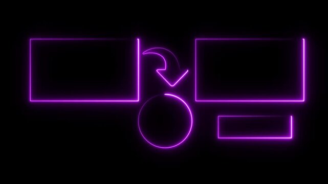 Neon glowing end screen template for video outro background. neon lines overlay with video placeholders and next arrow. end card graphic element for digital content creators