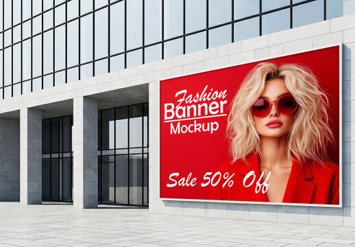 Large banner mockup on modern building glass facade wall