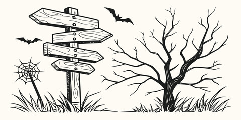 Halloween landscape with wooden signpost and bare tree © Sadhin07