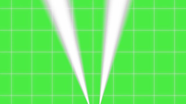 Two white glowing theater spotlights moving across a green screen grid key background loop