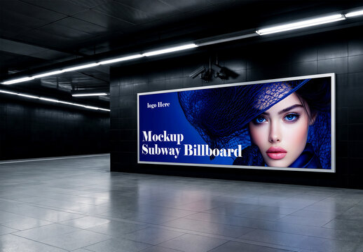 Large horizontal subway billboard mockup on dark underground wall