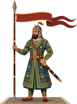 Powerful indian warrior standing with traditional spear and banner in ancient style