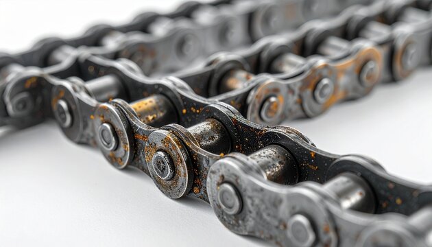Close-up metallic roller chain with interconnected links, pins, and rollers, showing wear, lubrication residue, engineering precision, durability.