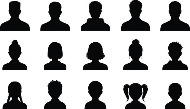 Silhouettes of diverse people's heads and shoulders as profile icons headshots avatar