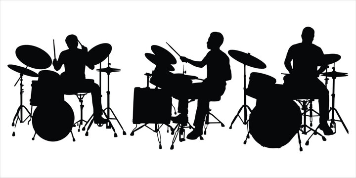 Silhouettes of drummers playing drum sets in various positions drums percussion