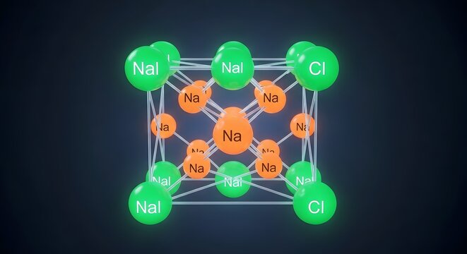 3D Rendering of Periodic Table Elements Sodium Chlorine Ions in Molecular Structure Grid Dark Background