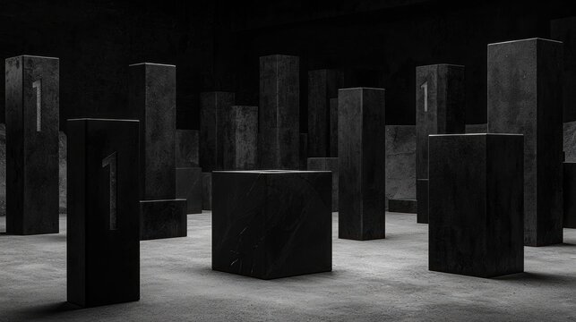 A room with black walls and floor, featuring a large number 1 block and smaller blocks with numbers 1 and 2.