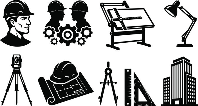 Architectural engineering icon set with black silhouettes of drafting table blueprint skyscraper and engineer face vector