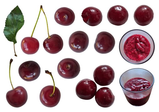 Detailed collage of fresh sour cherries and sour cherry jam isolated on a clean white background. Set of whole ripe cherries with stems and one leaf, and two small glasses of dark red jam, top view.