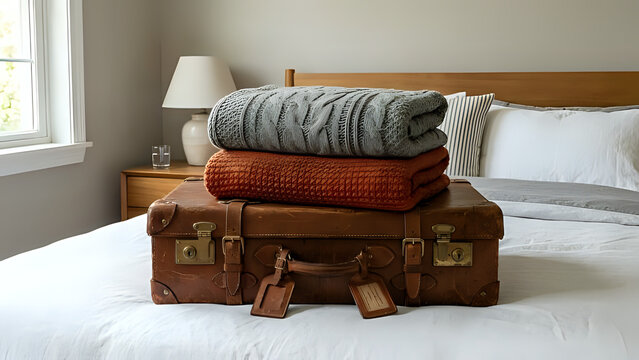 Brown leather suitcase with folded blankets on top on a bed in a bedroom