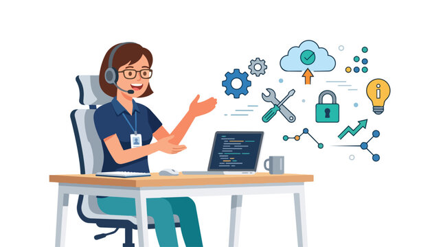 A cartoon illustration of a female IT professional working on computer code with technology icons.