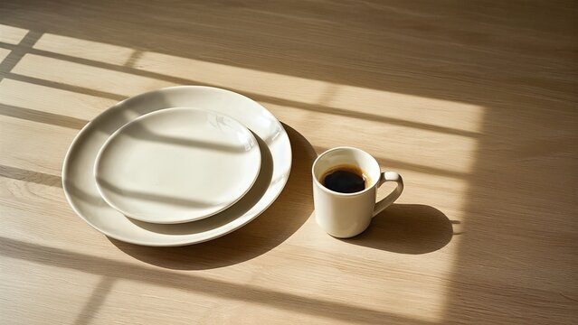 Minimal white plates with coffee cup
