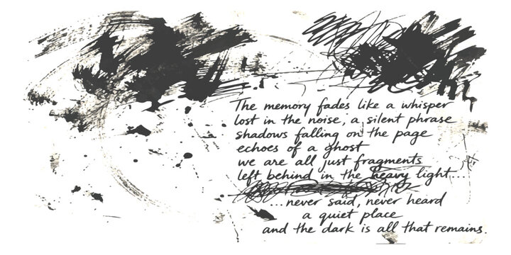Abstract ink drawing with handwritten dark poetry text and messy scribbles