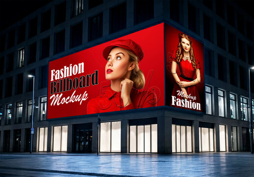 Large outdoor fashion billboard mockup on city building at night