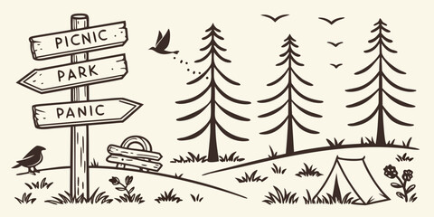 Wooden signpost with picnic park and panic directions in forest landscape © Sadhin07