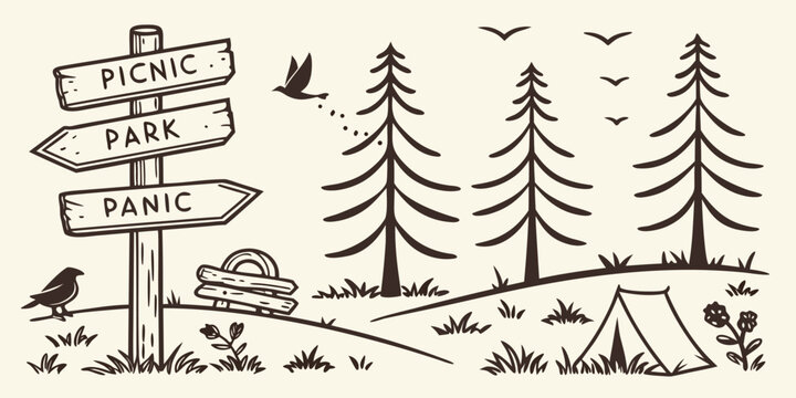 Wooden signpost with picnic park and panic directions in forest landscape