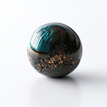 Orgonite Sphere with Teal and Gold Inclusions on White Background.