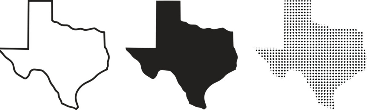 Three representations of the state of Texas map outline solid and dotted Keywords: Texas, map, outline, solid, dotted