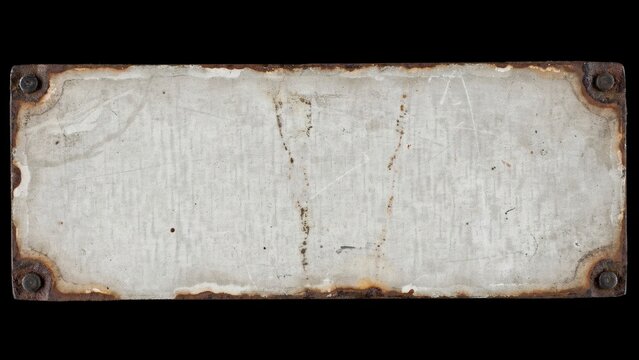 Rectangular metal sign with rusted edges and four corner bolts