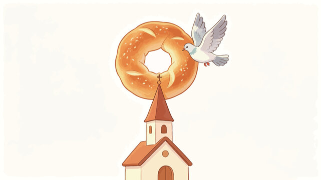 Whimsical Surreal Illustration of a Giant Glazed Donut Perched on a Church Spire with a Flying White Dove Against a Clean Background