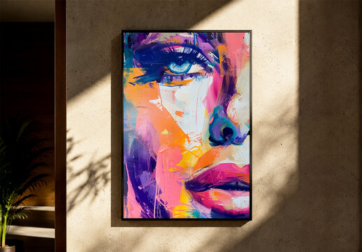 Modern Abstract Art Portrait Framed Mockup on Concrete Wall
