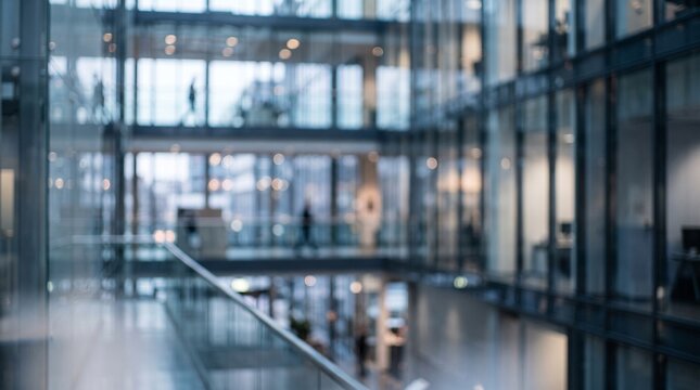People walking through modern glass airport corridor with urban warehouse office library interior, shelves of books, business storage architecture in city building