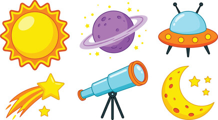 Cute Outer Space Cartoon Vector Illustration Set with Sun Planet UFO Telescope Crescent Moon and Shooting Star Elements © Lipon
